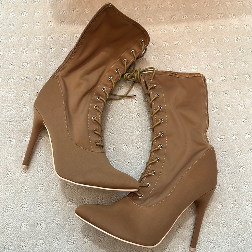 Cognac lace up Victorian style bootie